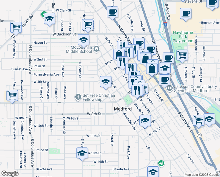 map of restaurants, bars, coffee shops, grocery stores, and more near 405 West 5th Street in Medford