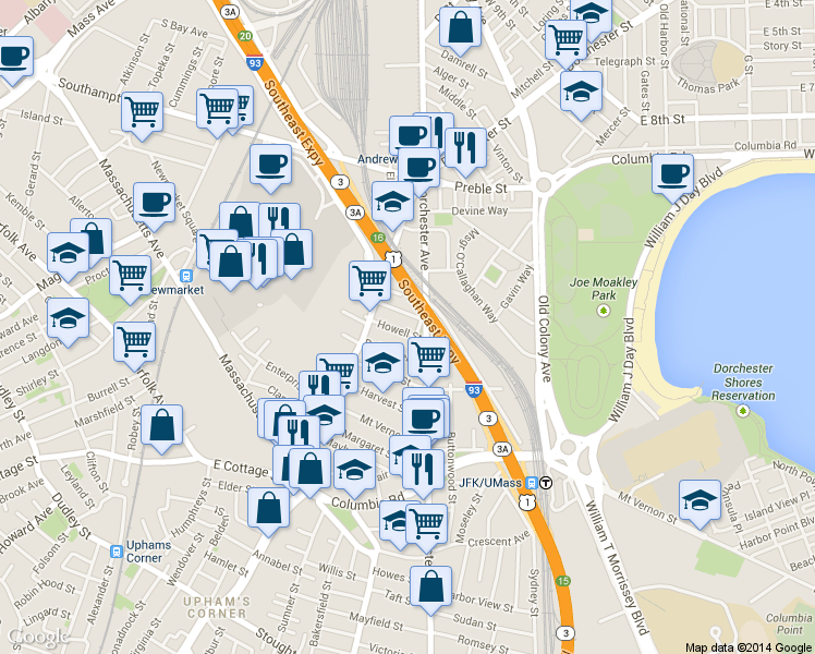 map of restaurants, bars, coffee shops, grocery stores, and more near 26 Washburn Street in Boston