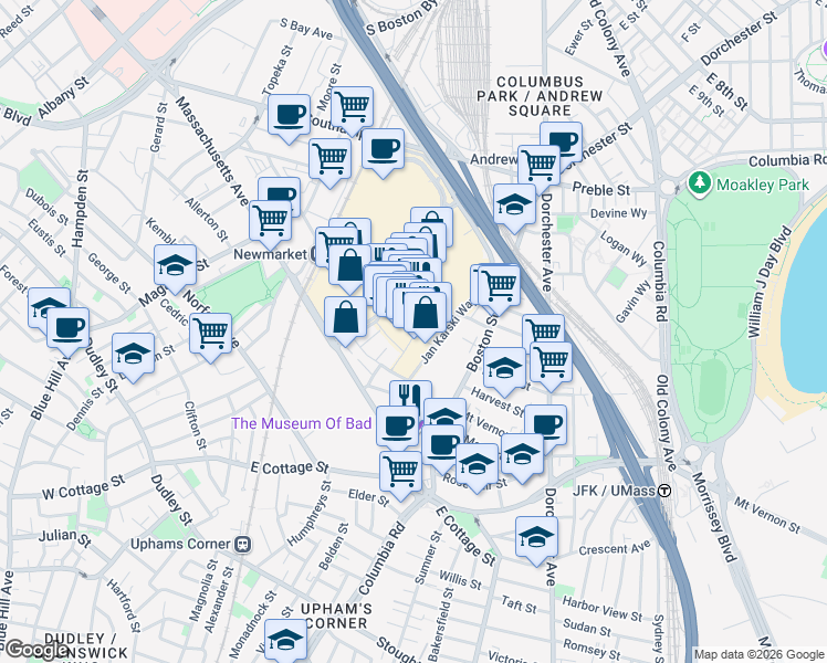map of restaurants, bars, coffee shops, grocery stores, and more near 20B District Avenue in Boston