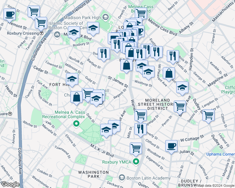 map of restaurants, bars, coffee shops, grocery stores, and more near 19 Akron Street in Boston