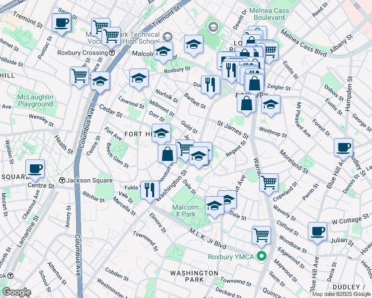 map of restaurants, bars, coffee shops, grocery stores, and more near 38 Thornton Street in Boston