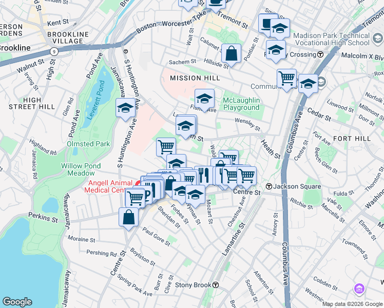 map of restaurants, bars, coffee shops, grocery stores, and more near 124 Minden Street in Boston