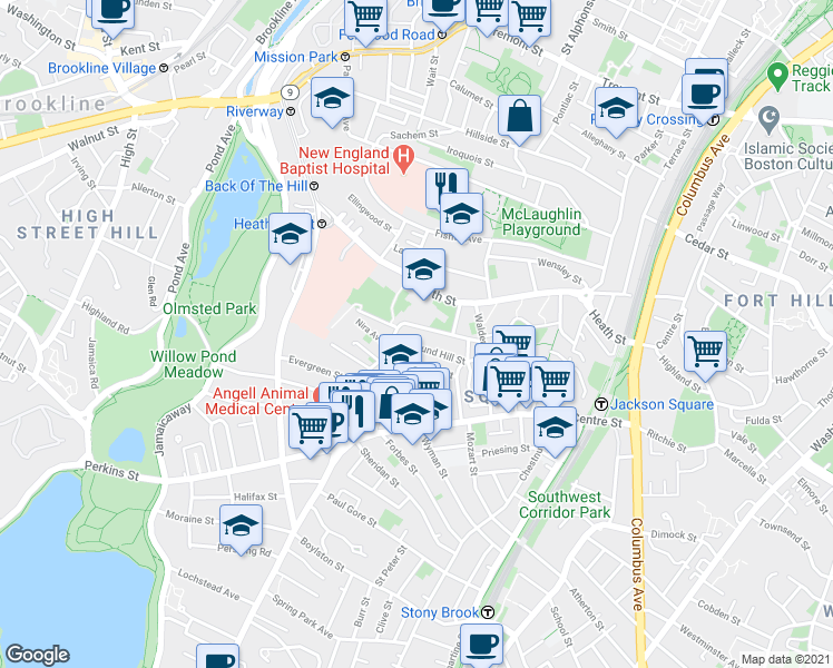 map of restaurants, bars, coffee shops, grocery stores, and more near 23 Day Street in Boston
