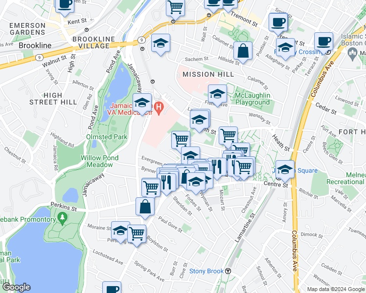 map of restaurants, bars, coffee shops, grocery stores, and more near 23 Day Street in Boston
