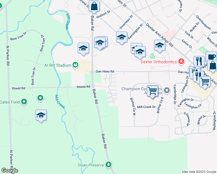 map of restaurants, bars, coffee shops, grocery stores, and more near 2470 Walkabout Creek Way in Dexter