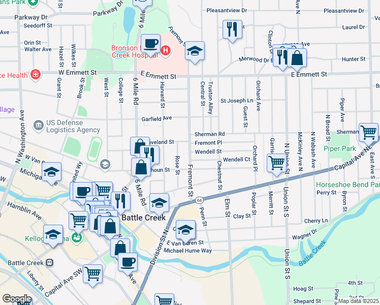 map of restaurants, bars, coffee shops, grocery stores, and more near 93 Fremont Street in Battle Creek