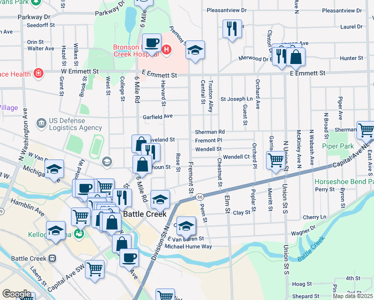 map of restaurants, bars, coffee shops, grocery stores, and more near 91 Fremont Street in Battle Creek