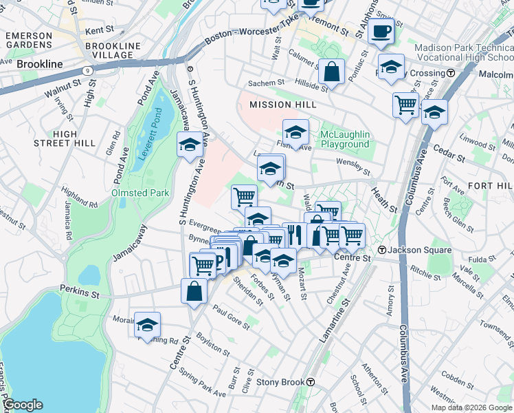 map of restaurants, bars, coffee shops, grocery stores, and more near 23 Day Street in Boston