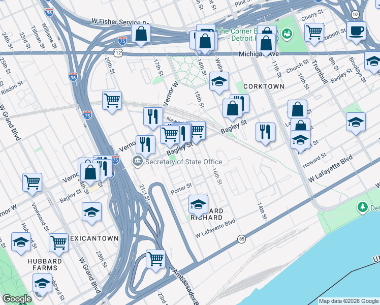 map of restaurants, bars, coffee shops, grocery stores, and more near 2545 Bagley Street in Detroit