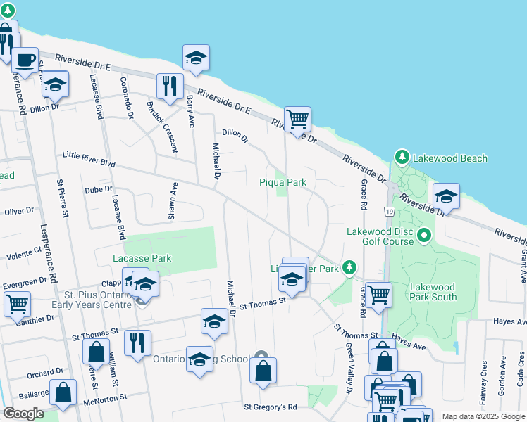 map of restaurants, bars, coffee shops, grocery stores, and more near 293 Woodridge Drive in Windsor