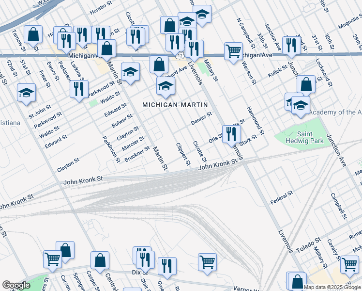 map of restaurants, bars, coffee shops, grocery stores, and more near 3482 Clippert Street in Detroit