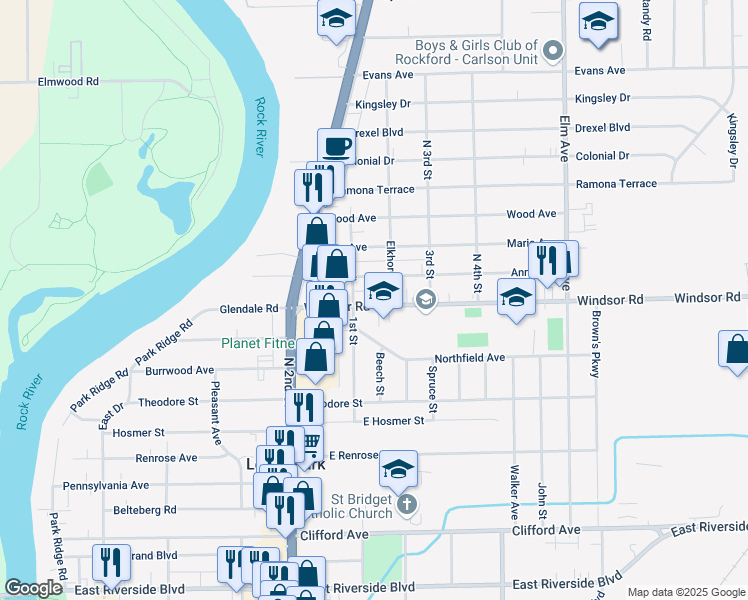 map of restaurants, bars, coffee shops, grocery stores, and more near 618 Windsor Road in Machesney Park