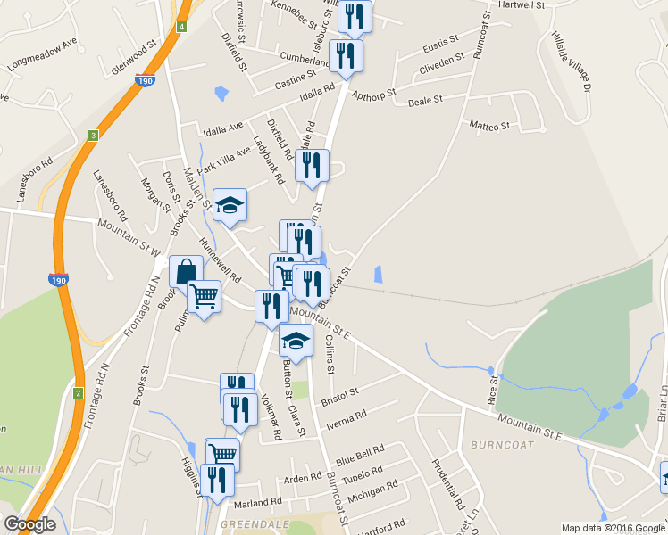 map of restaurants, bars, coffee shops, grocery stores, and more near 574 Burncoat Street in Worcester