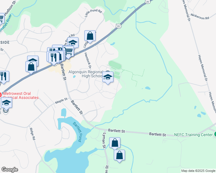 map of restaurants, bars, coffee shops, grocery stores, and more near 79 Bartlett Street in Northborough