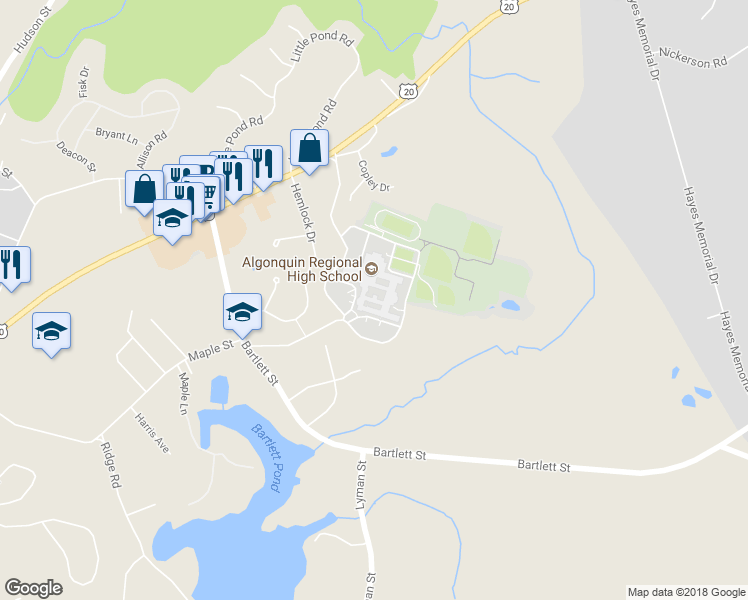 map of restaurants, bars, coffee shops, grocery stores, and more near 79 Bartlett Street in Northborough