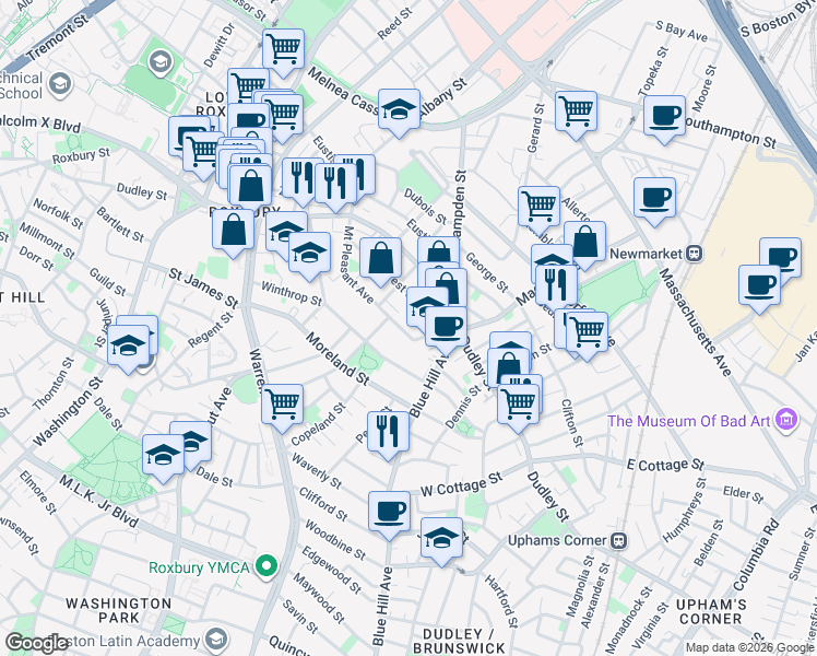 map of restaurants, bars, coffee shops, grocery stores, and more near 98 Mount Pleasant Avenue in Boston