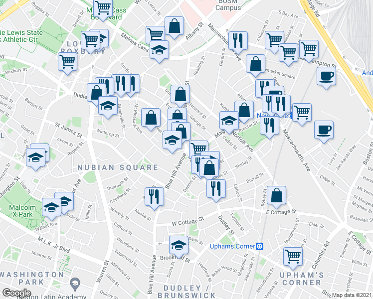 map of restaurants, bars, coffee shops, grocery stores, and more near Dudley St & Mt Pleasant Ave in Boston