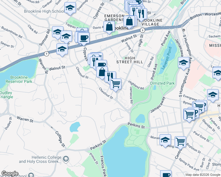 map of restaurants, bars, coffee shops, grocery stores, and more near 100 Franklin Street in Brookline