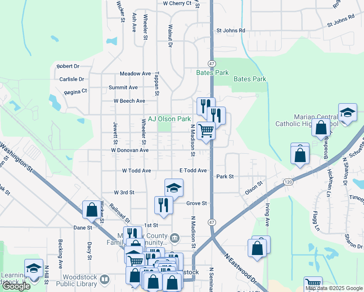 map of restaurants, bars, coffee shops, grocery stores, and more near 1014 Clay Street in Woodstock