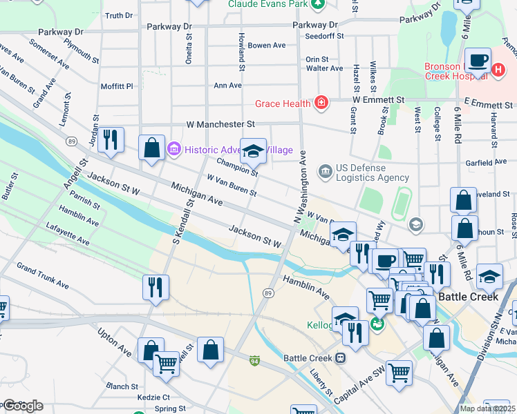 map of restaurants, bars, coffee shops, grocery stores, and more near 320 West Michigan Avenue in Battle Creek