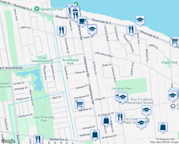 map of restaurants, bars, coffee shops, grocery stores, and more near 12272 Oliver Drive in Tecumseh