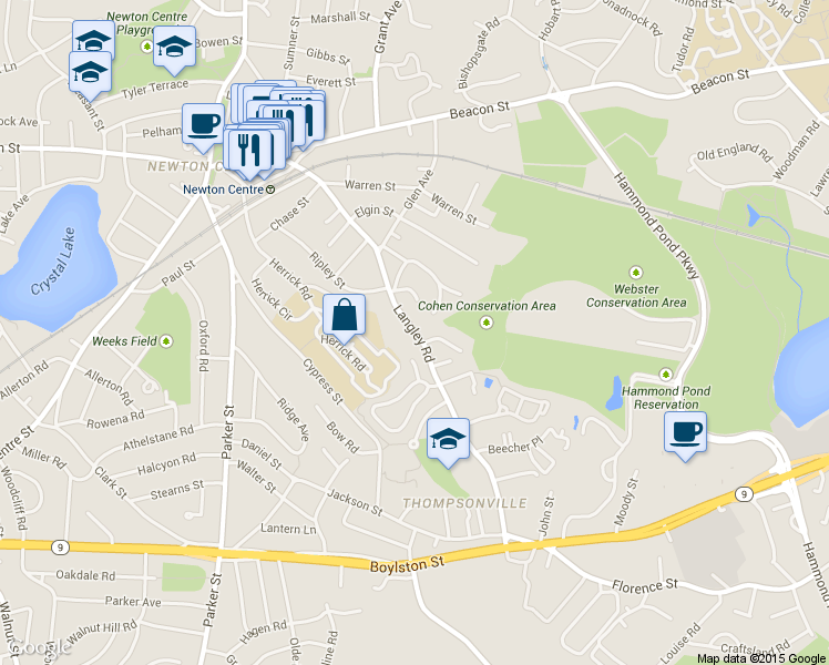 map of restaurants, bars, coffee shops, grocery stores, and more near 235 Langley Road in Newton