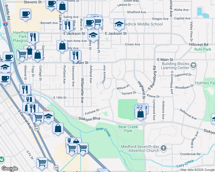 map of restaurants, bars, coffee shops, grocery stores, and more near 211 Florence Avenue in Medford
