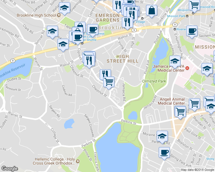 map of restaurants, bars, coffee shops, grocery stores, and more near Cypress St & Henry St in Brookline