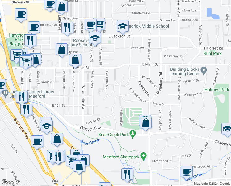 map of restaurants, bars, coffee shops, grocery stores, and more near 217 Mount Echo Drive in Medford