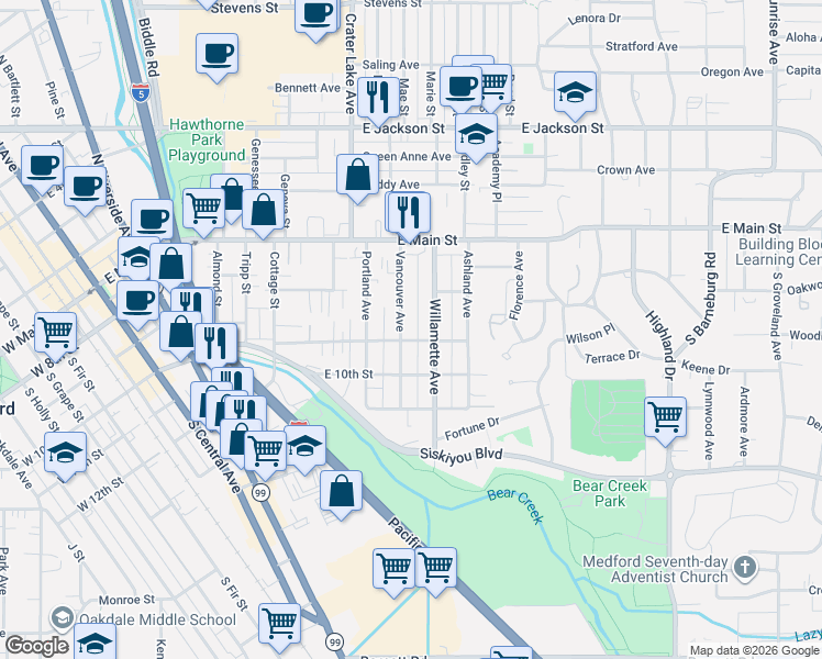 map of restaurants, bars, coffee shops, grocery stores, and more near 124 Vancouver Avenue in Medford