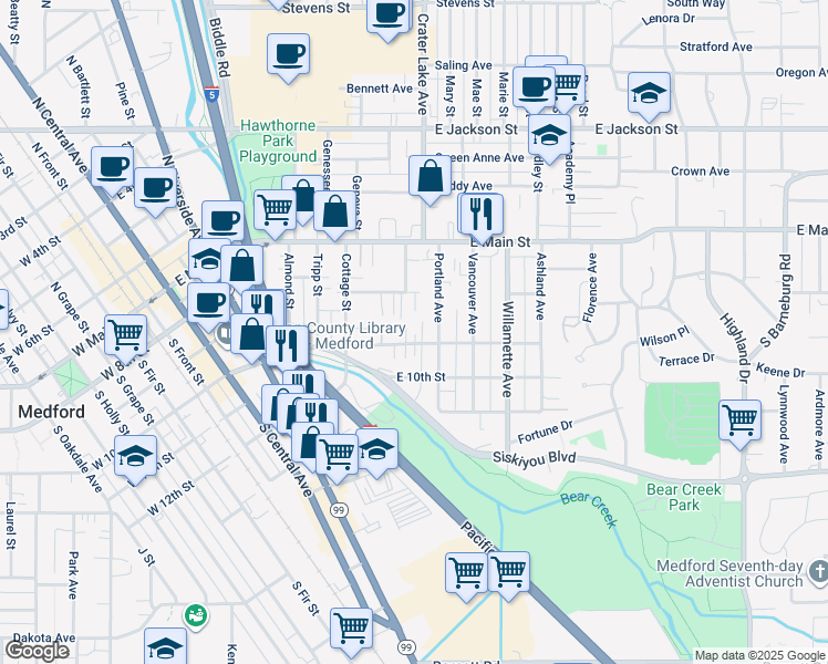 map of restaurants, bars, coffee shops, grocery stores, and more near 126 Portland Avenue in Medford