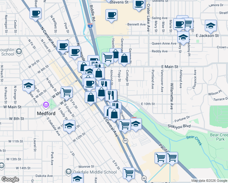 map of restaurants, bars, coffee shops, grocery stores, and more near 132 Tripp Street in Medford