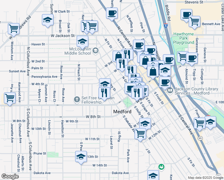 map of restaurants, bars, coffee shops, grocery stores, and more near 405 West 5th Street in Medford