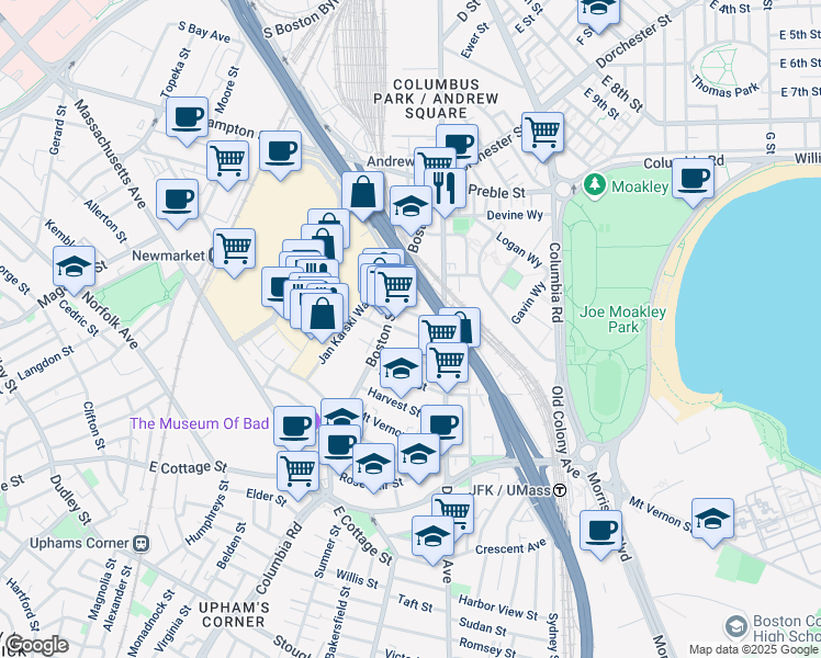 map of restaurants, bars, coffee shops, grocery stores, and more near 26 Washburn Street in Boston