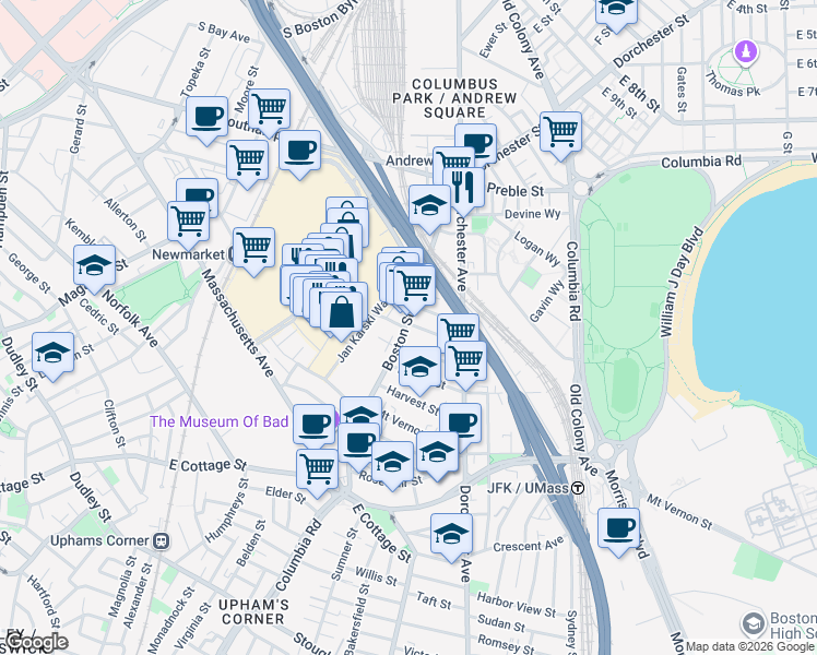 map of restaurants, bars, coffee shops, grocery stores, and more near in Boston