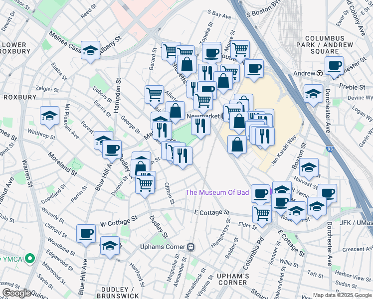 map of restaurants, bars, coffee shops, grocery stores, and more near 130 Shirley Street in Boston