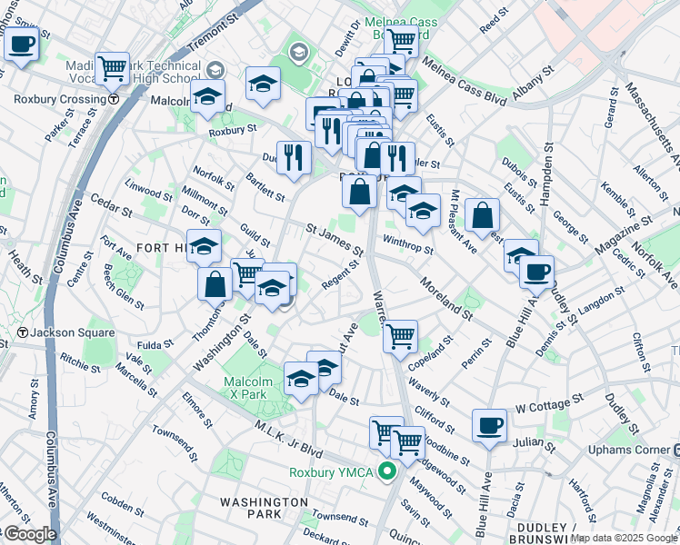 map of restaurants, bars, coffee shops, grocery stores, and more near 19 Akron Street in Boston
