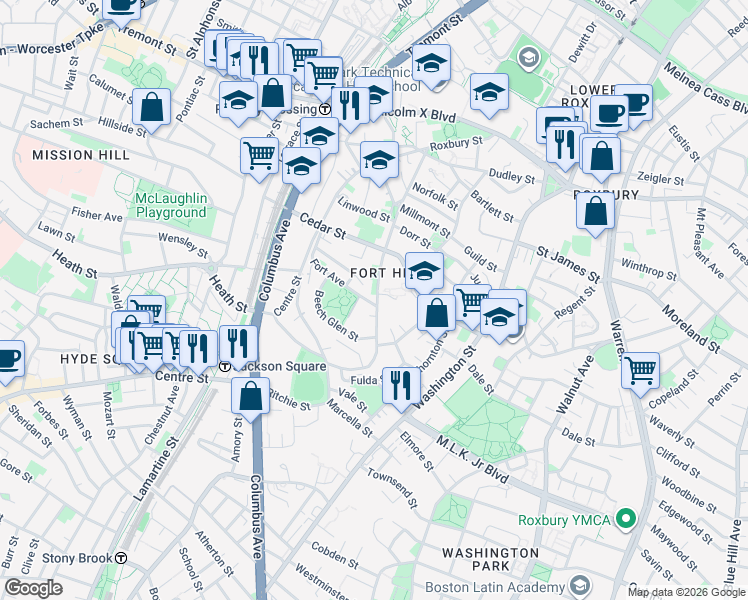 map of restaurants, bars, coffee shops, grocery stores, and more near 17 Fort Avenue in Boston