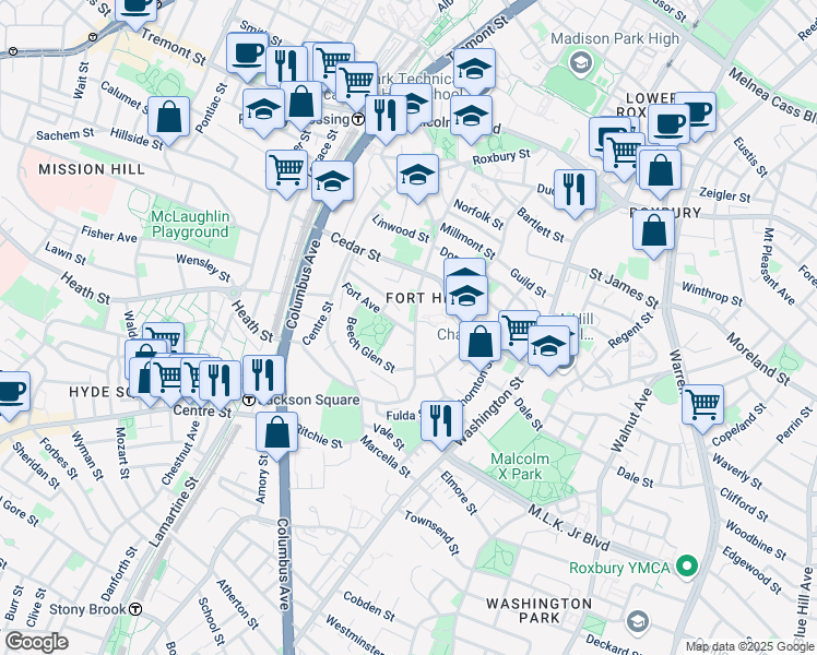 map of restaurants, bars, coffee shops, grocery stores, and more near 17 Fort Avenue in Boston