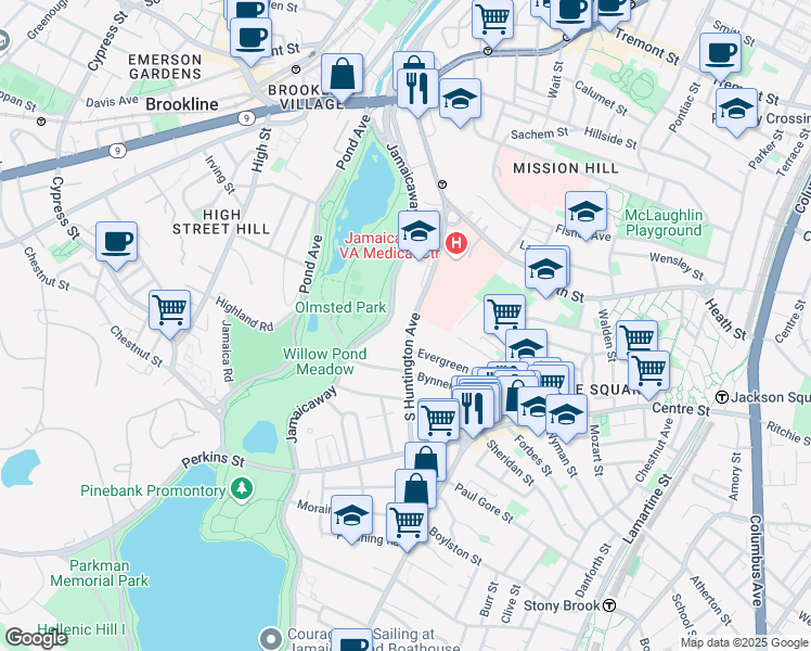 map of restaurants, bars, coffee shops, grocery stores, and more near 226 South Huntington Avenue in Boston