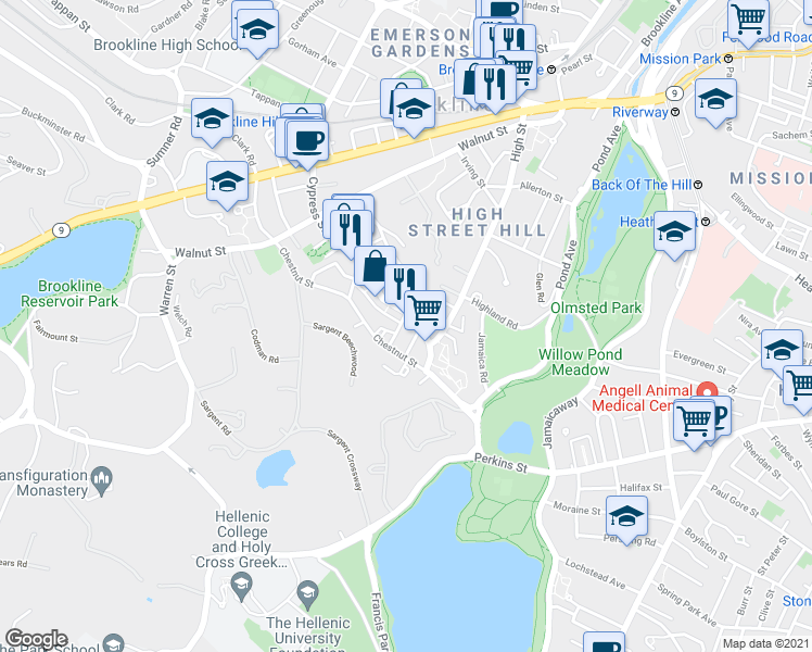 map of restaurants, bars, coffee shops, grocery stores, and more near 100 Franklin Street in Brookline