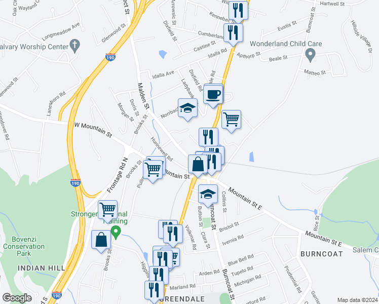 map of restaurants, bars, coffee shops, grocery stores, and more near 12 Malden Street in Worcester