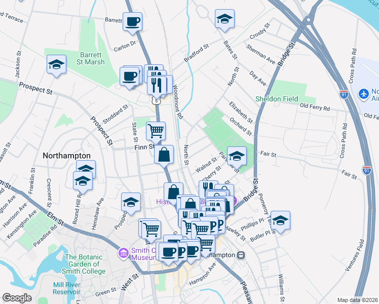 map of restaurants, bars, coffee shops, grocery stores, and more near 68 North Street in Northampton