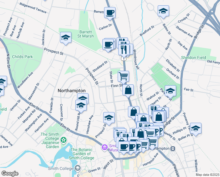 map of restaurants, bars, coffee shops, grocery stores, and more near 46 Finn Street in Northampton