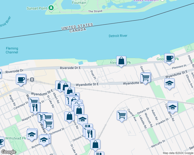 map of restaurants, bars, coffee shops, grocery stores, and more near 3400 Erskine Street in Windsor