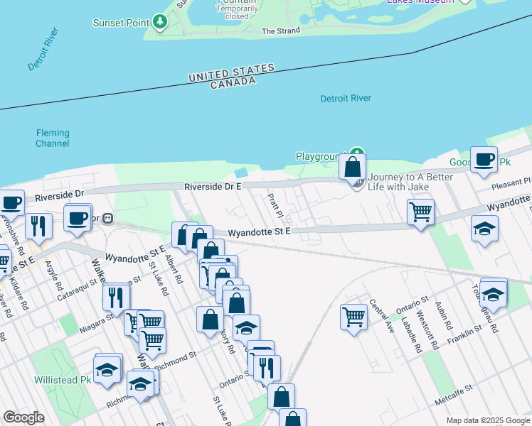 map of restaurants, bars, coffee shops, grocery stores, and more near in Windsor