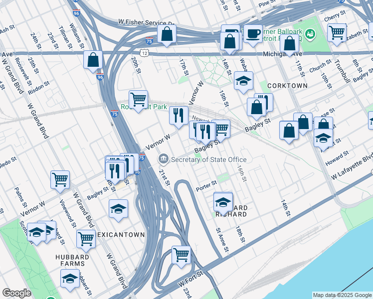 map of restaurants, bars, coffee shops, grocery stores, and more near 2634 Bagley Street in Detroit