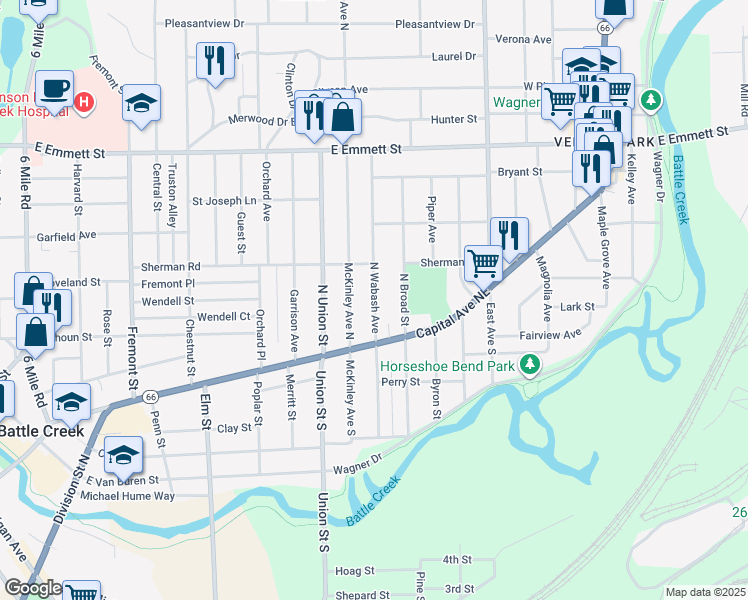 map of restaurants, bars, coffee shops, grocery stores, and more near 49 North Wabash Avenue in Battle Creek