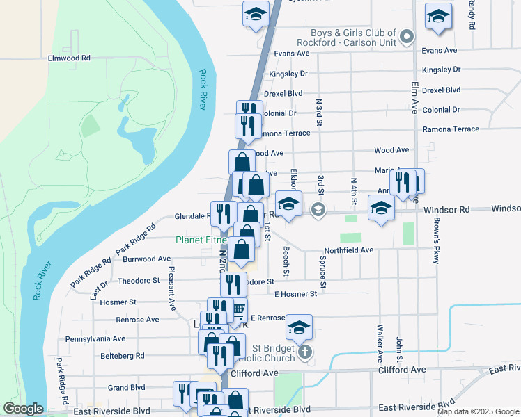 map of restaurants, bars, coffee shops, grocery stores, and more near 602 Windsor Road in Machesney Park