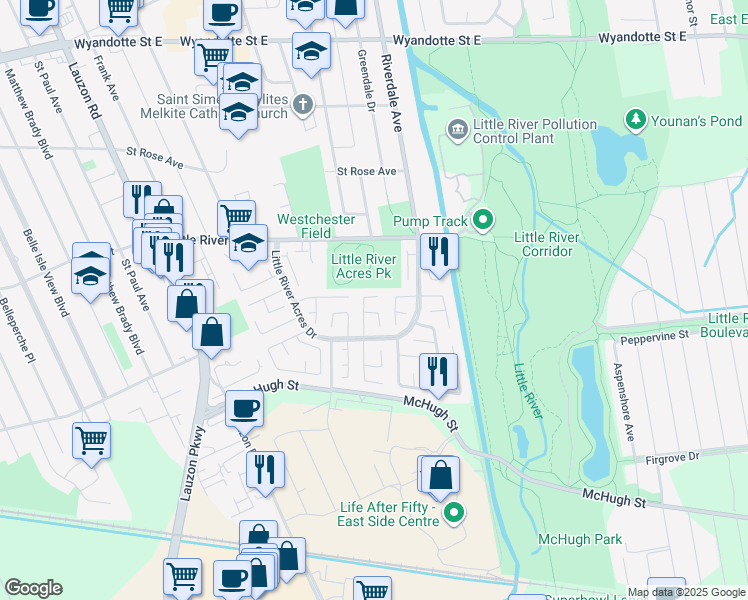 map of restaurants, bars, coffee shops, grocery stores, and more near 1220 Copperfield Place in Windsor